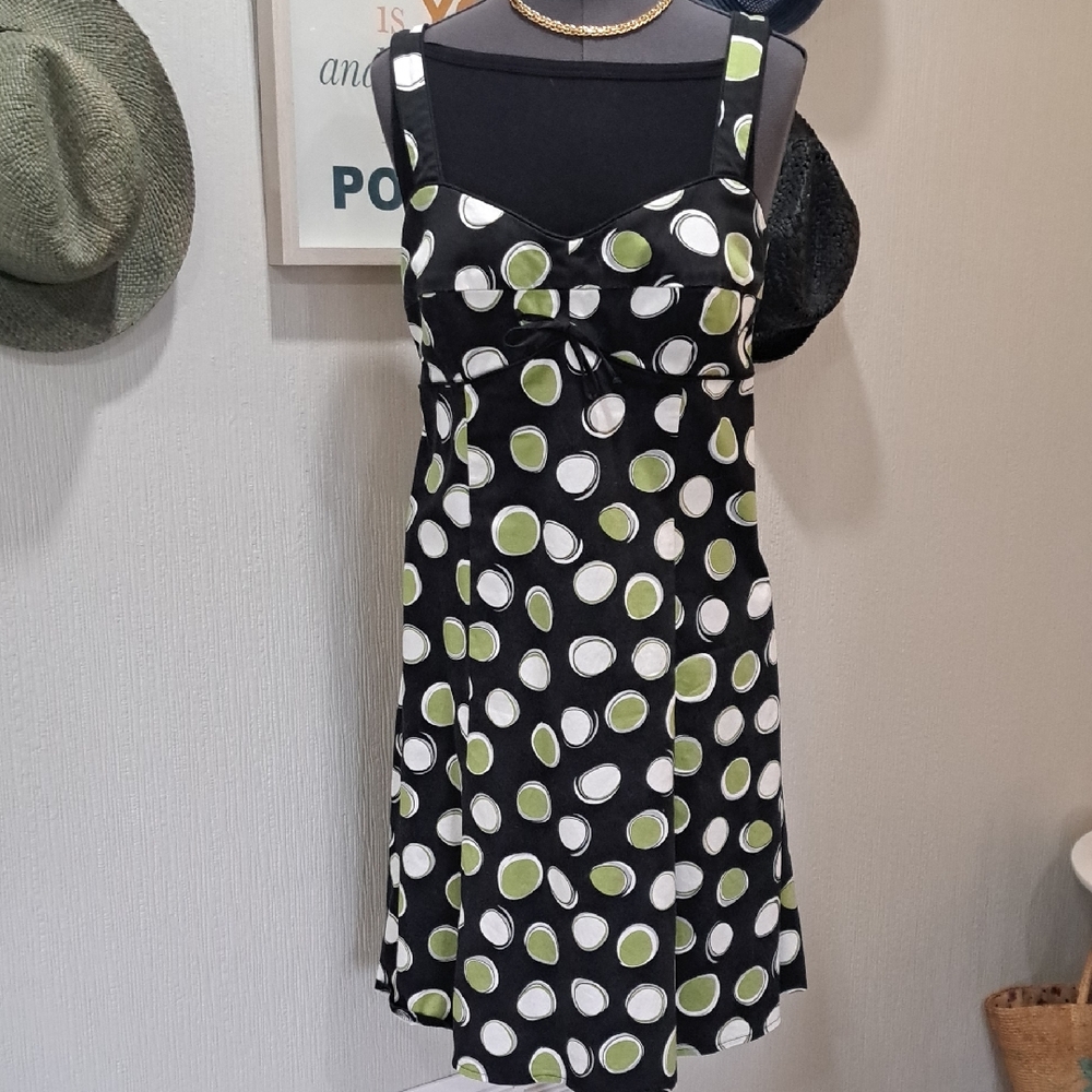 Laura Petites Black Dress with Green and White Polka Dots